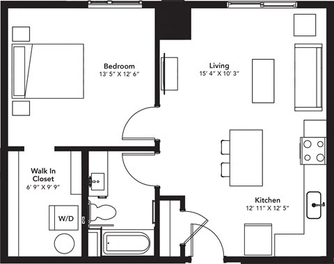 Floor plan for 1 bed, 1 bath, 718 sqft